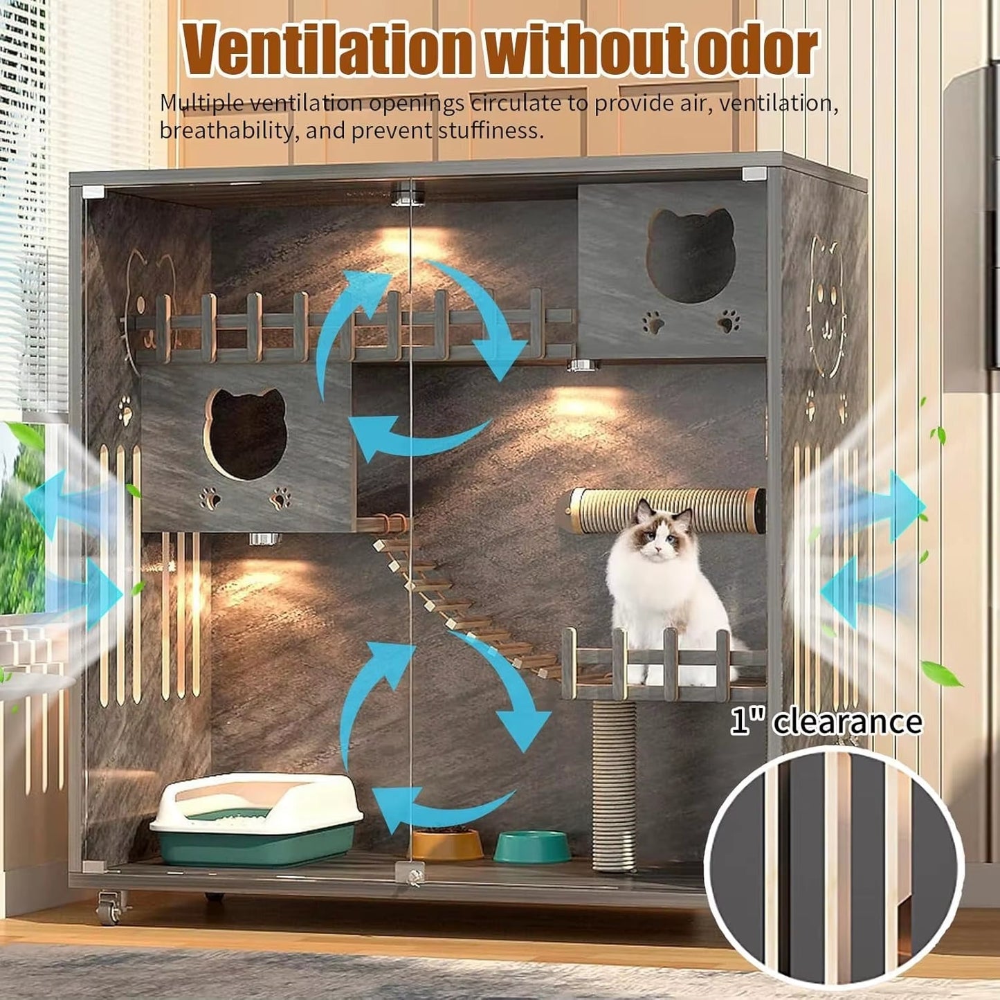 Large Wooden Cat Condo House with Scratching Post Indoor Outdoor Enclosure Glass Doors 50X48X24, Customized
