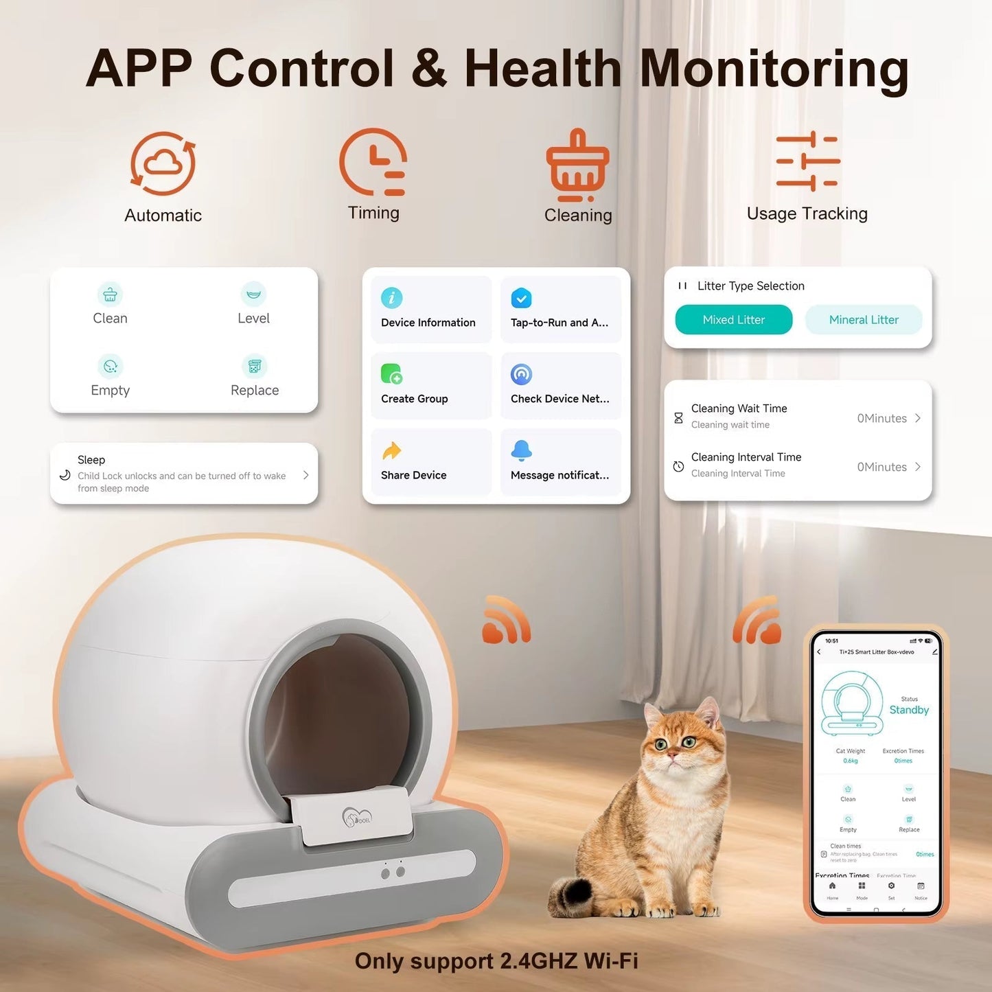 65L Self-Cleaning Cat Litter Box App Control, ONLY Supports 2.4G Wifi W/Litter Mat&Trash Bags, Fit for Tofu & Mixed Litter