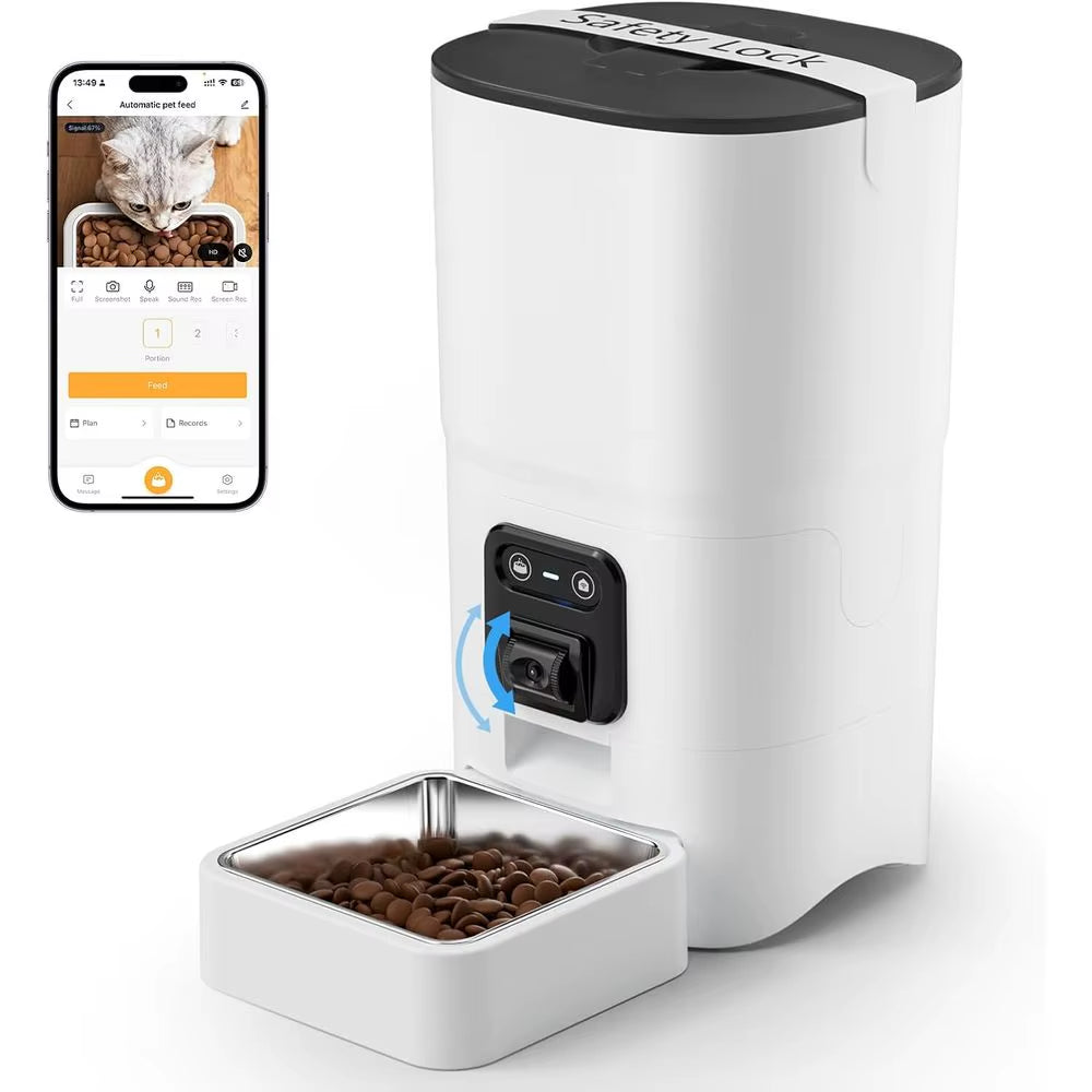 Automatic Cat Feeder 6L 2.4G Wifi Smart Pet Feeder with Camera & Two-Way Audio, Adjustable Angle, Easy to Clean Detachable Feedi
