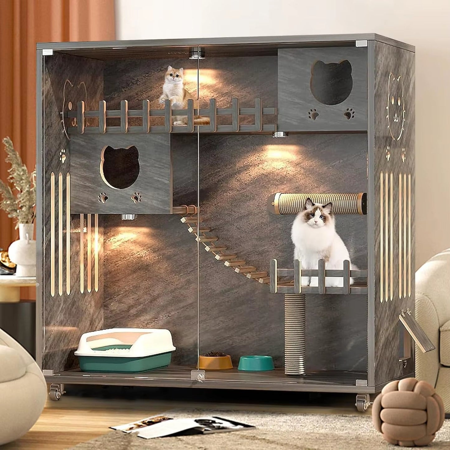 Large Wooden Cat Condo House with Scratching Post Indoor Outdoor Enclosure Glass Doors 50X48X24, Customized