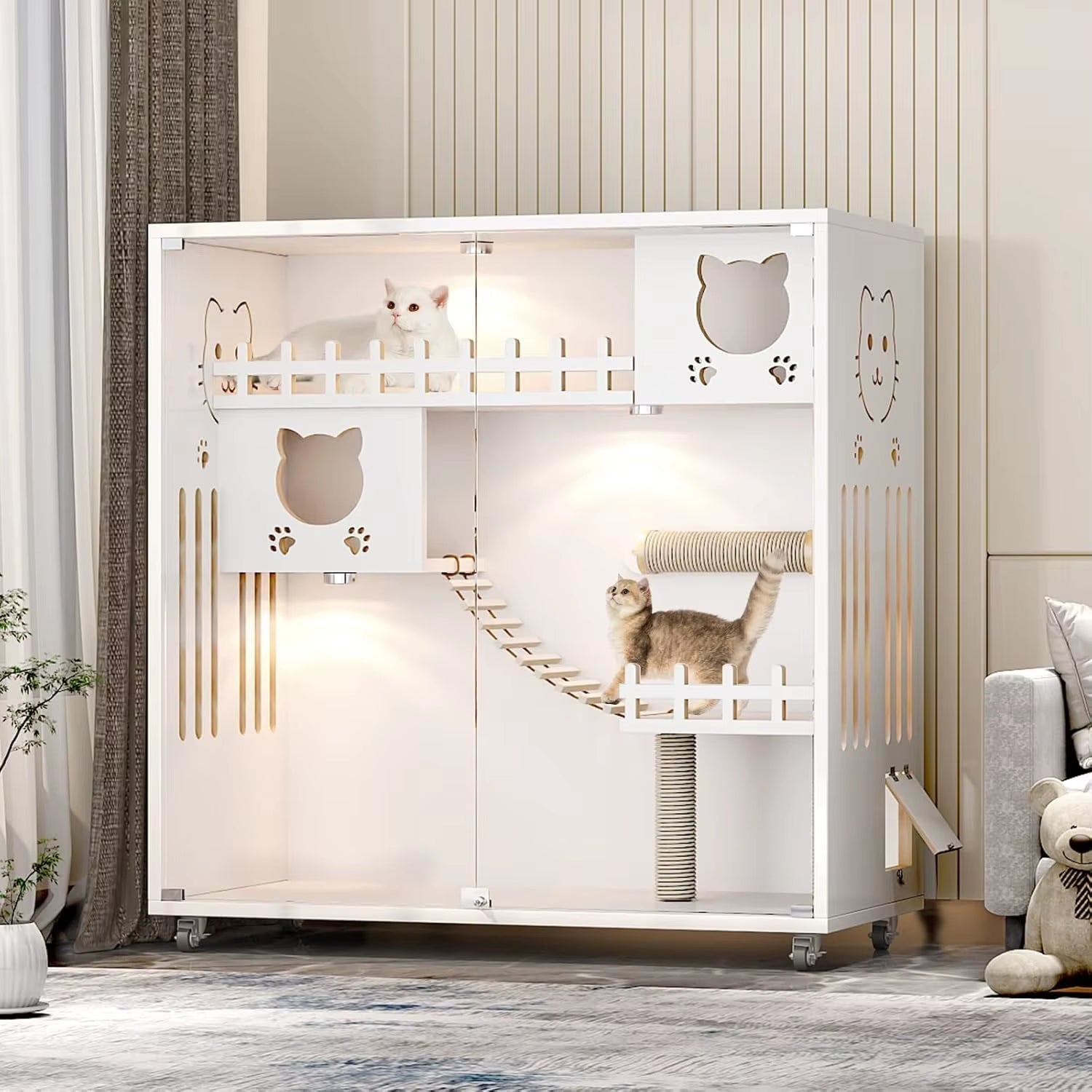 Large Wooden Cat Condo House with Scratching Post Indoor Outdoor Enclosure Glass Doors 50X48X24, Customized