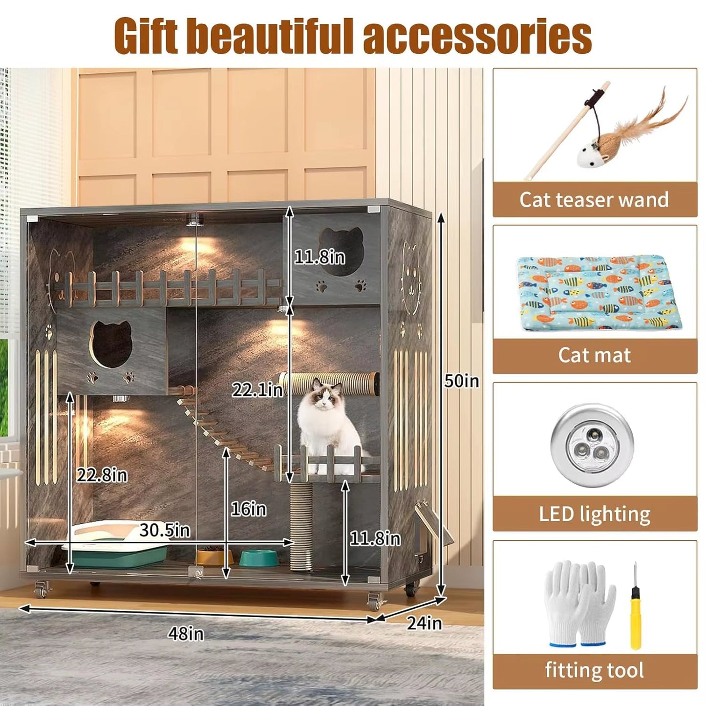 Large Wooden Cat Condo House with Scratching Post Indoor Outdoor Enclosure Glass Doors 50X48X24, Customized